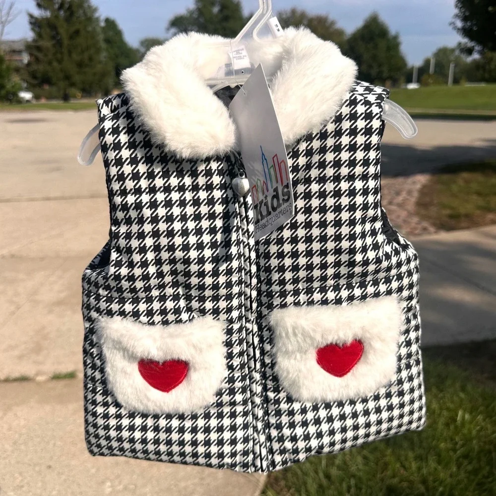 Kids Headquarters Baby Girl Houndstooth Faux Fur Puffer Vest Size 12 Months NWT